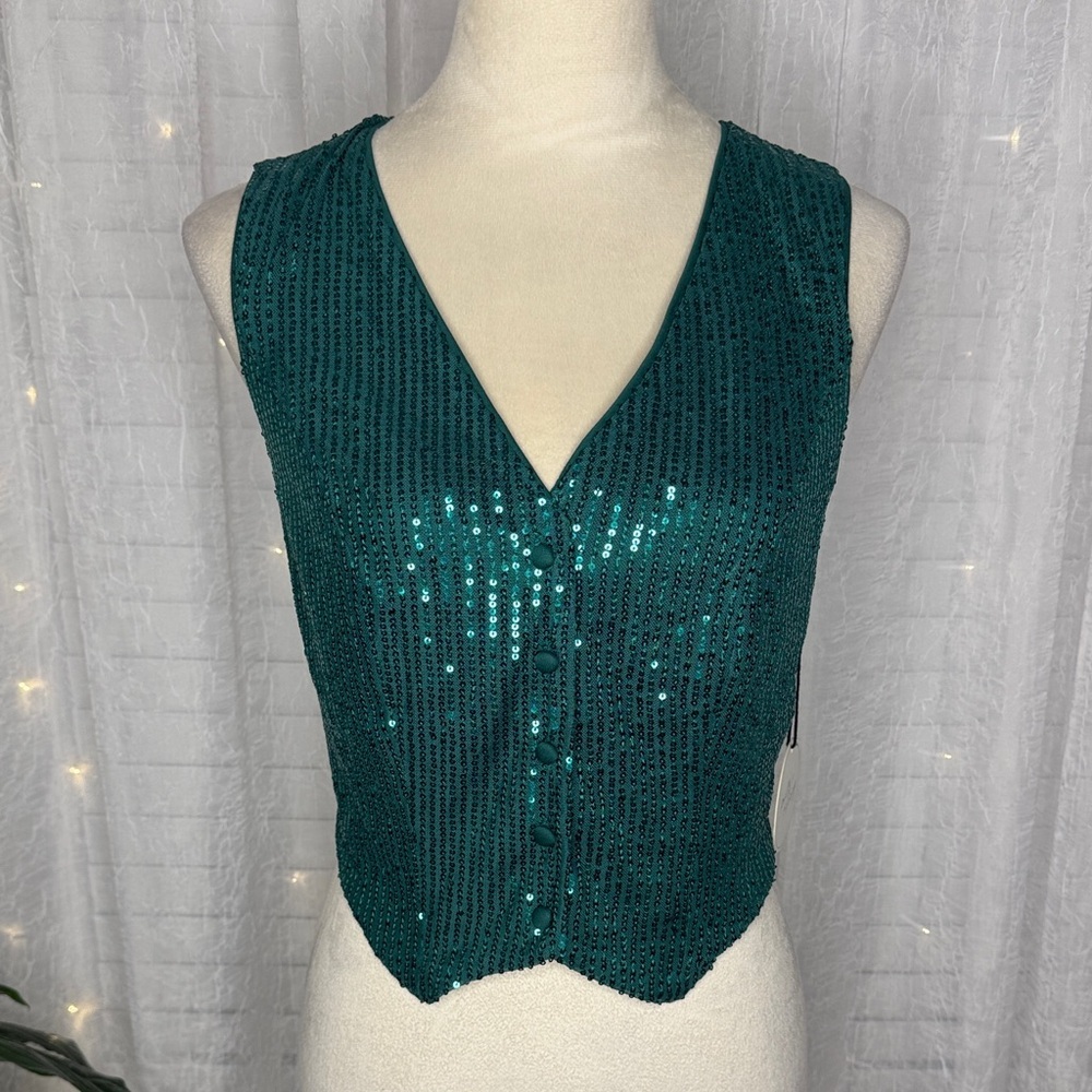 Elegant Teal Sleeveless Sequin Vest